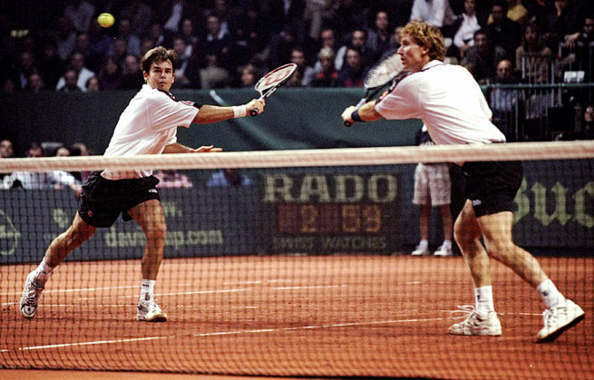 Todd Woodbridge (left) and Mark Woodforde were inducted into the Hall of Fame in 2010.