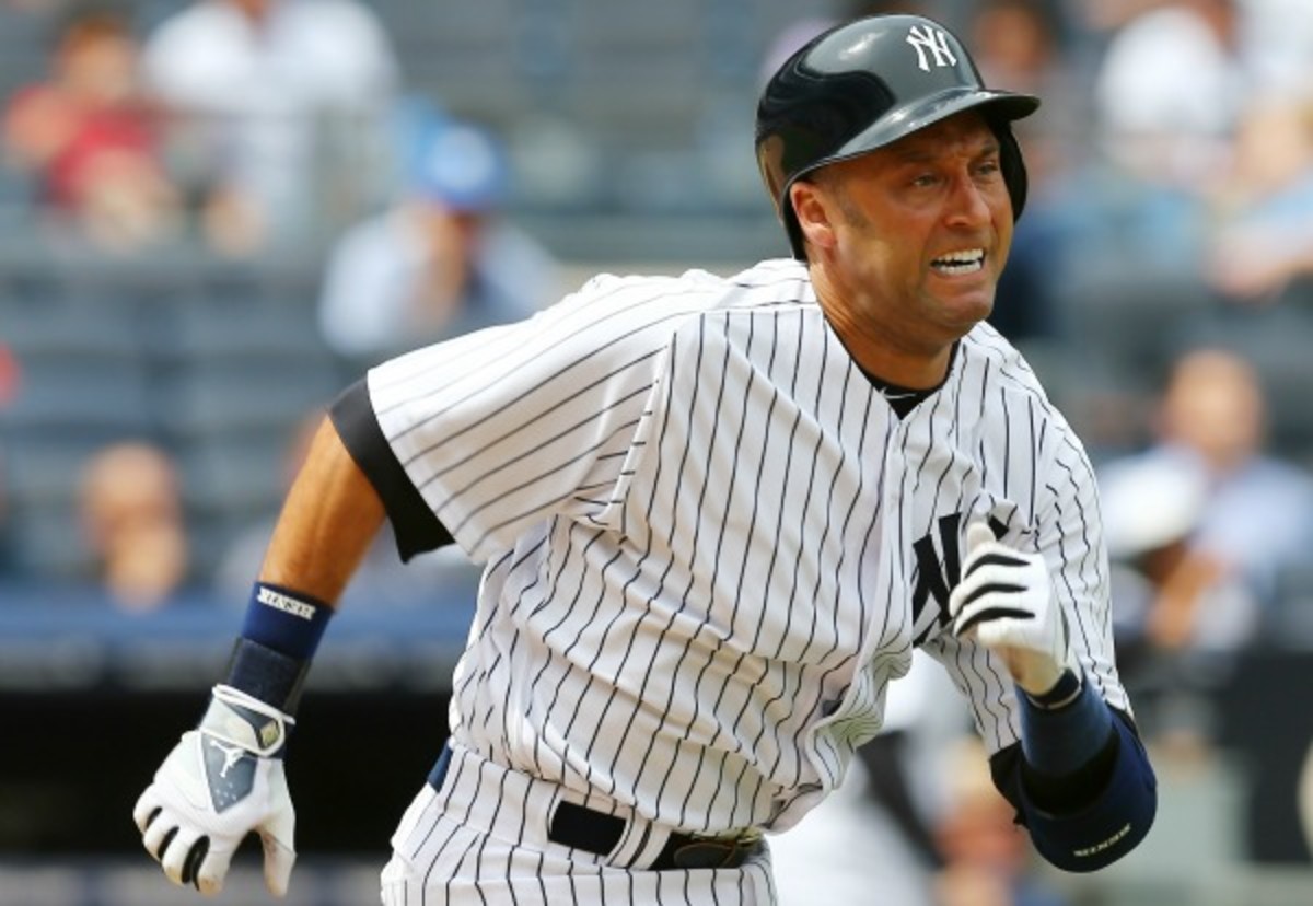 Derek Jeter hurt his quadriceps while running out a ground ball in his Yankees season debut. (Elsa/Getty Images)