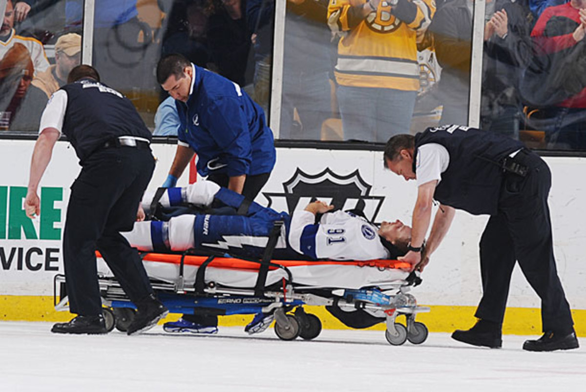 Steven Stamkos was wheeled off the ice after breaking his leg in Boston.