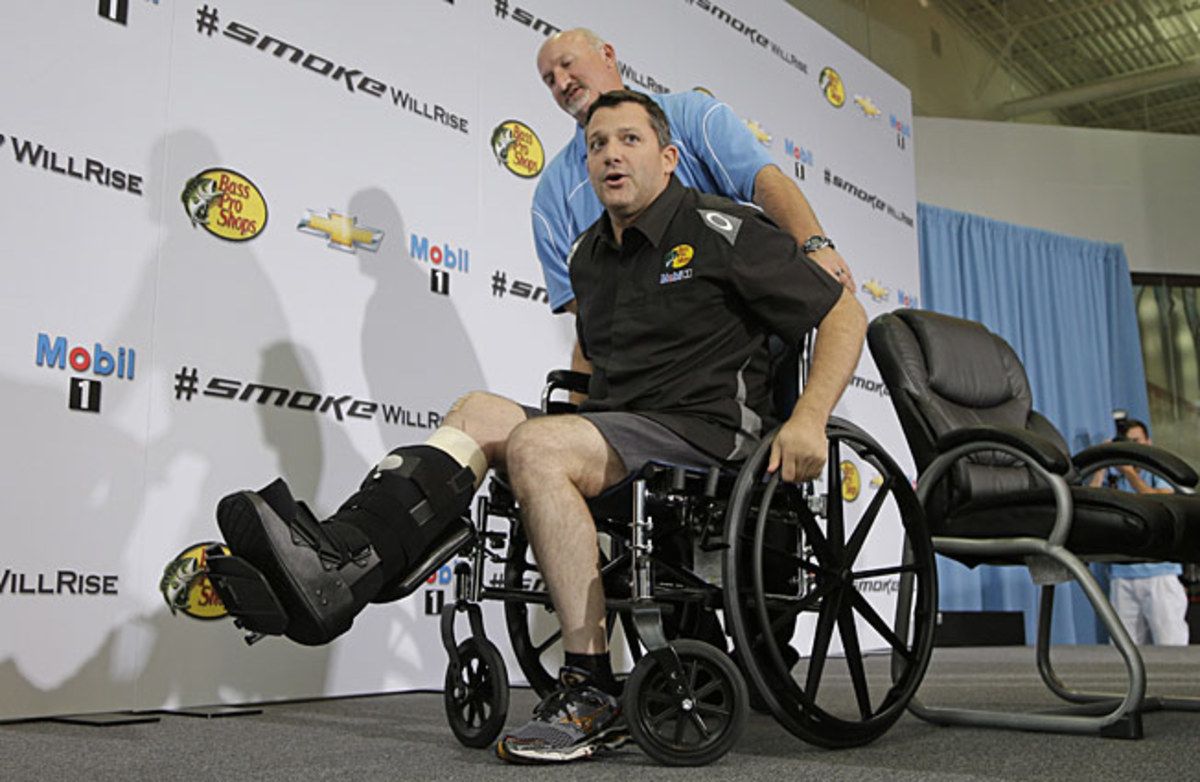A broken leg that required two surgeries ended Tony Stewart's streak of 521 consecutive starts.