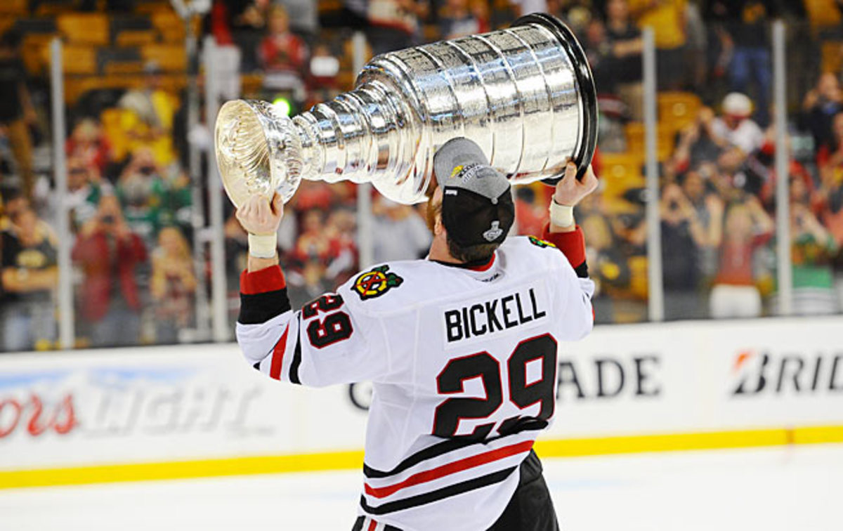 Bryan Bickell of the Chicago Blackhawks hoists the Stanley Cup