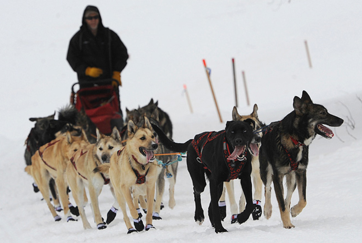 Jeff King (top) held the lead Monday but was last tracked six miles behind 2004 Iditarod winner Mitch Seavey.
