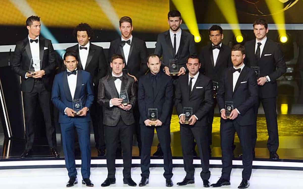 The entire FIFA Team of the Year was from La Liga, led by Lionel Messi (bottom, second from left).