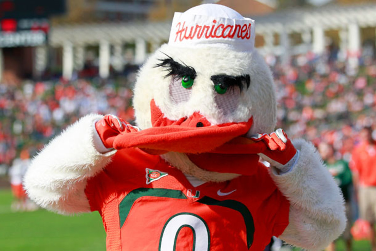 Sebastian the Ibis, perpetually flummoxed by the state of the NCAA's Miami investigation. (Geoff Burke/Getty Images)