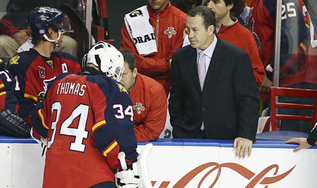 Florida Panthers goalie Tim Thomas was injured again in a game against the Chicago Blackhawks.