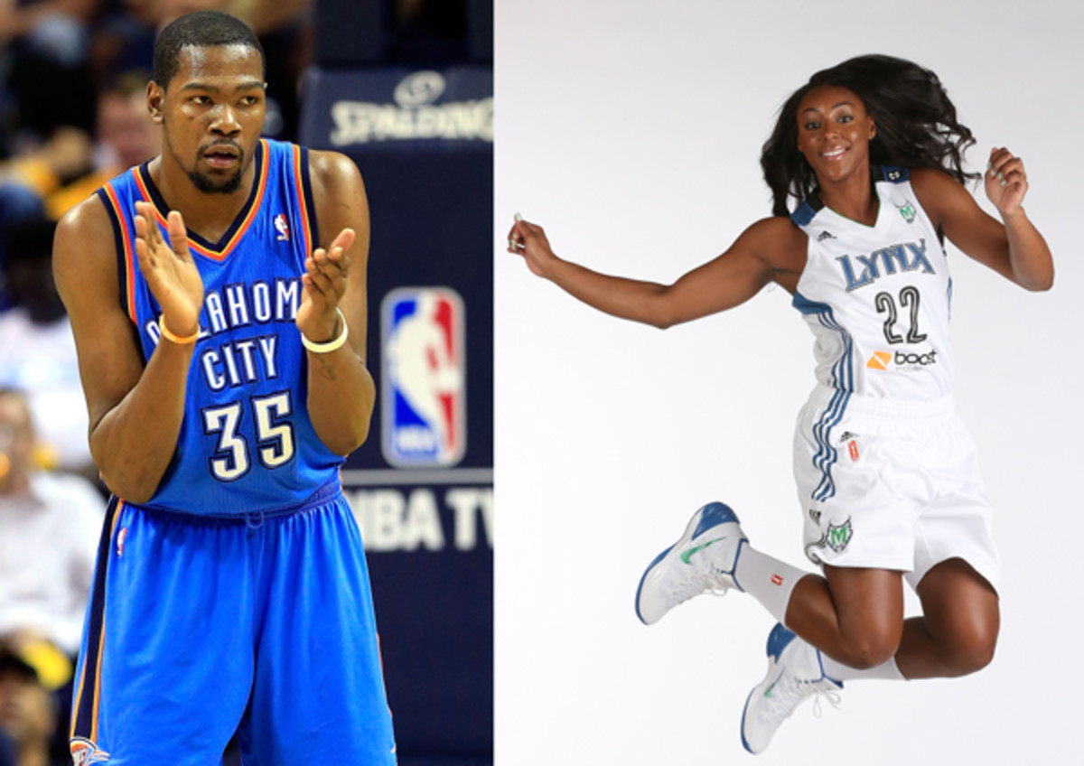 Thunder forward Kevin Durant (left) is engaged to Lynx guard Monica Wright (right). (Jamie Squire & David Sherman/Getty Images)