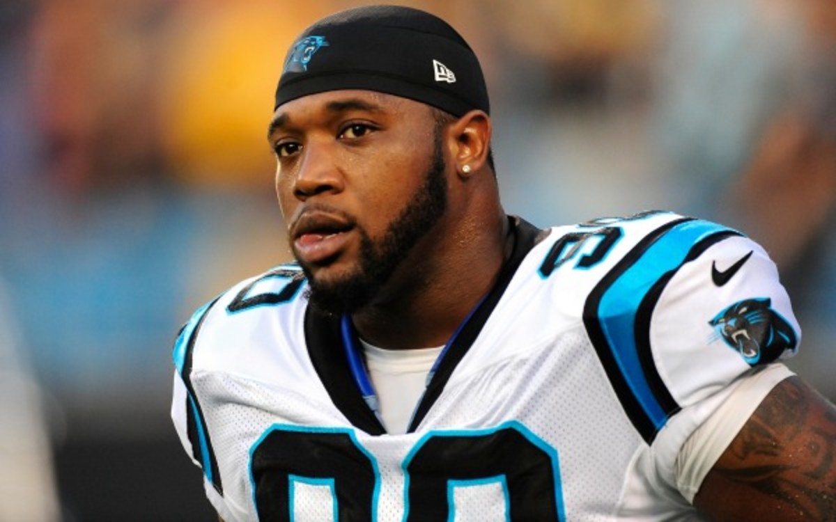 Panthers defensive end Frank Alexander has been fined by the NFL for throwing a punch. (Grant Halverson/Getty Images)