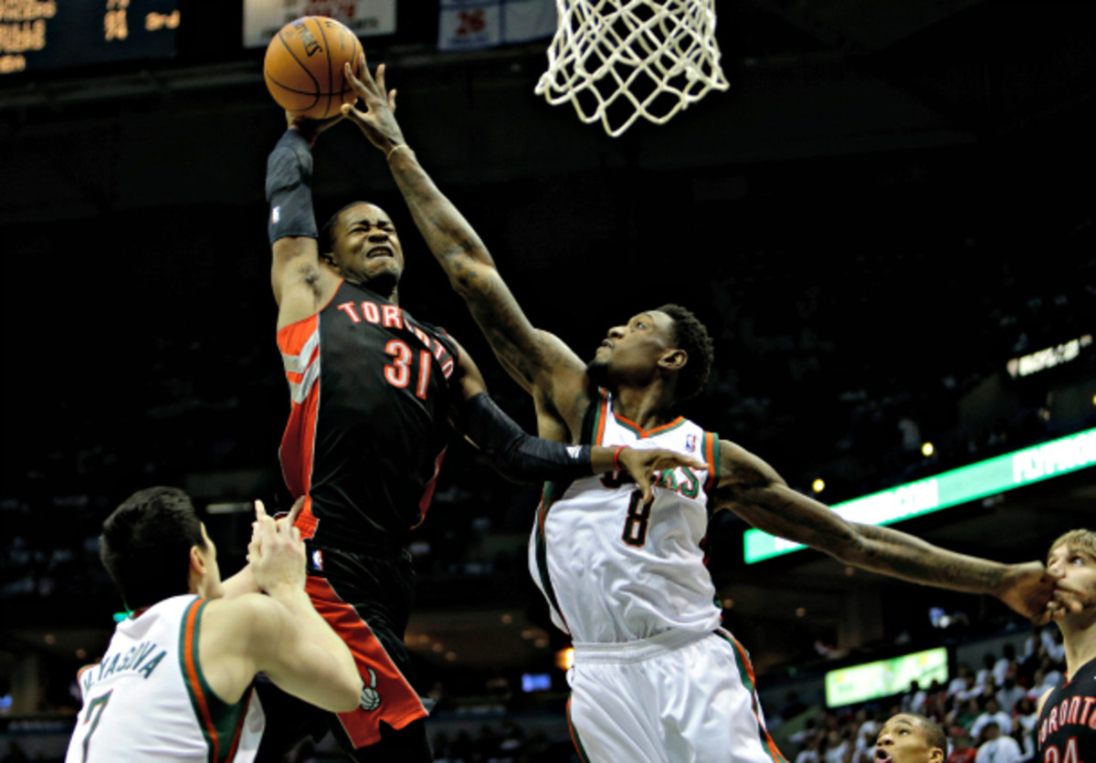 Larry Sanders (right) has been blocking shots, but otherwise struggled to stay on the floor. (Mike McGinnis/Getty Images)