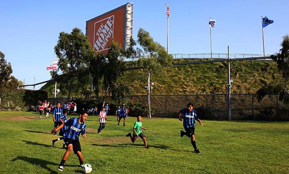 Children play soccer outside the Home Depot Center, home of the Galaxy and Chivas USA.