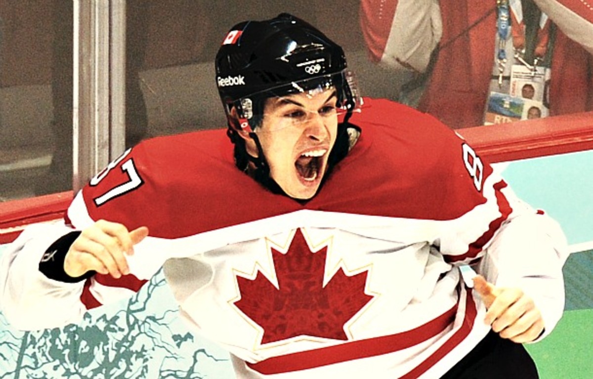 Sidney Crosby celebrates his Olympic gold medal goal