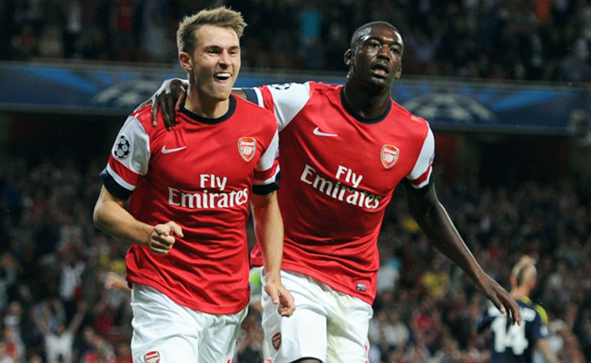 Aaron Ramsey (left) celebrates after giving Arsenal a 2-0 lead.