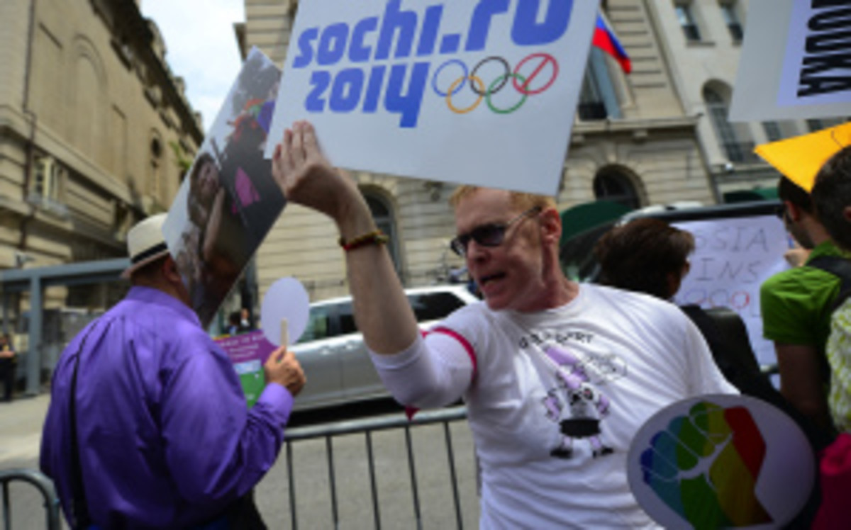 Protesters in front of the Russian Consulate in New York have been taking to the streets to express opposition to a new anti-gay law in Russia ahead of February's winter Olympics in Sochi. (Emmanuel Dunand/Getty Images)