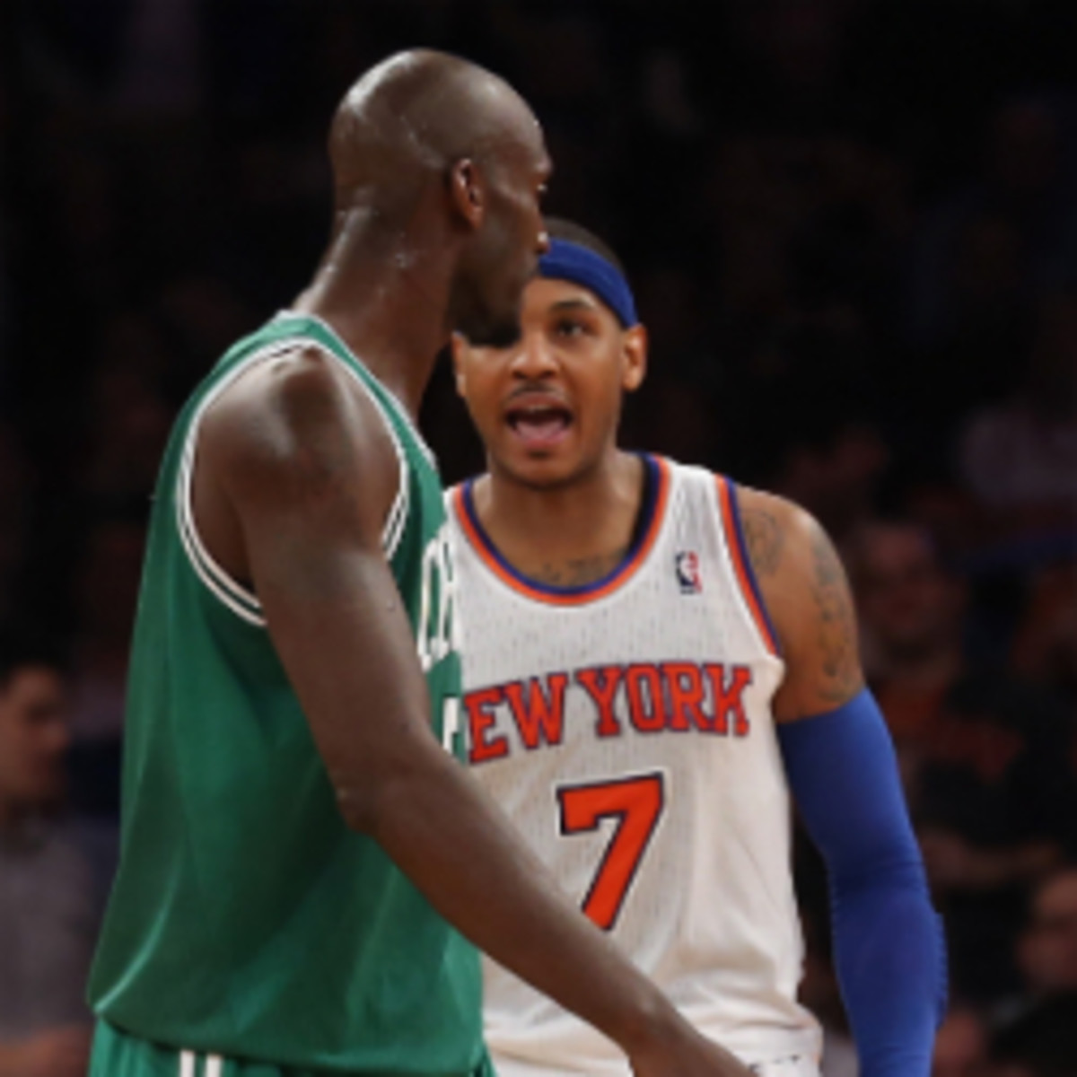 Carmelo Anthony and Kevin Garnett got confrontational during and after the Knicks and Celtics clashed Monday night. (Bruce Bennett/Getty Images)