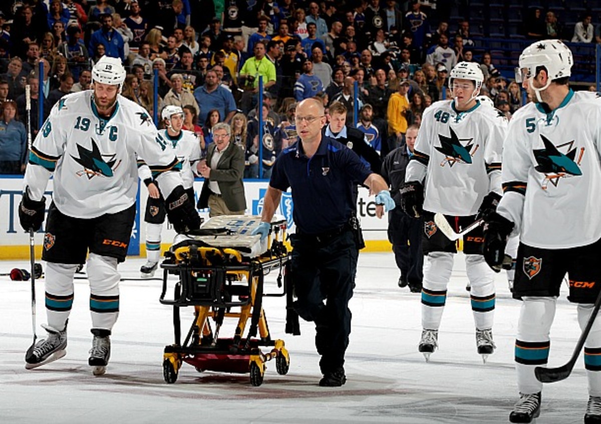 San Jose Sharks wheel out a stretcher for Dan Boyle after cheap shot by Max Lapierre