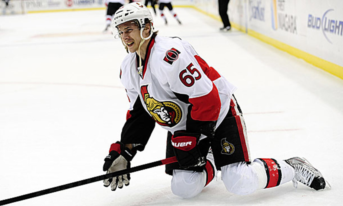 Erik Karlsson of the Ottawa Senators on the ice after suffering an Achilles injury.