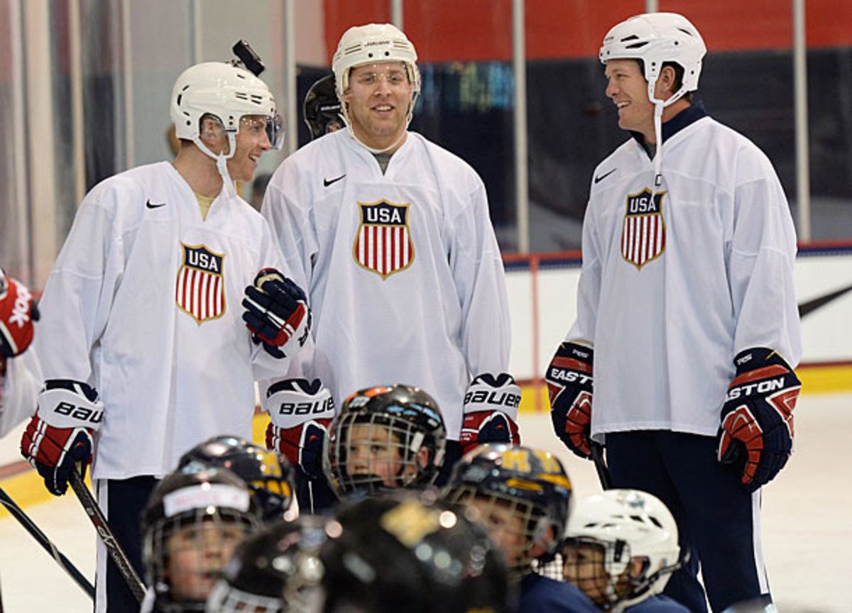 Patrick Kane, Jack Johnson and Ryan Suter of Team USA
