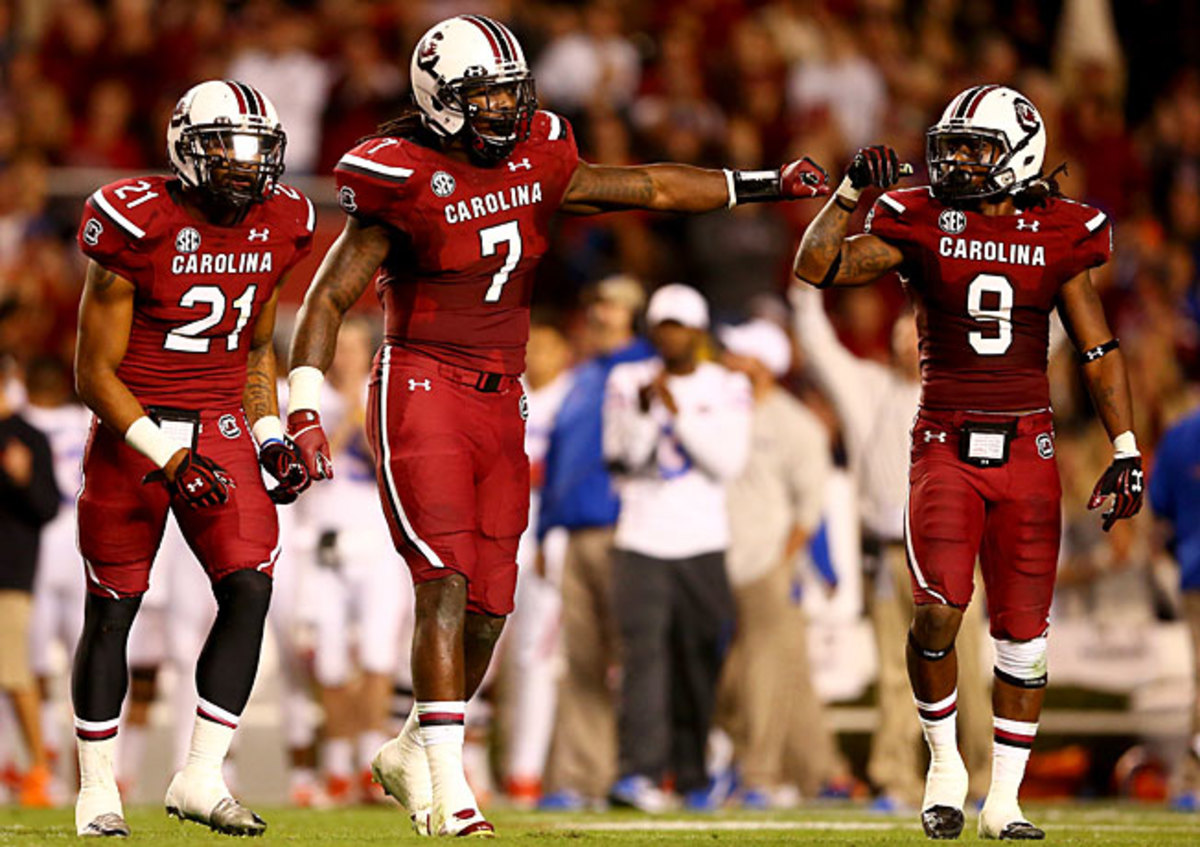 Jadeveon Clowney (7) and South Carolina's defense will look to slow Wisconsin's potent ground game.
