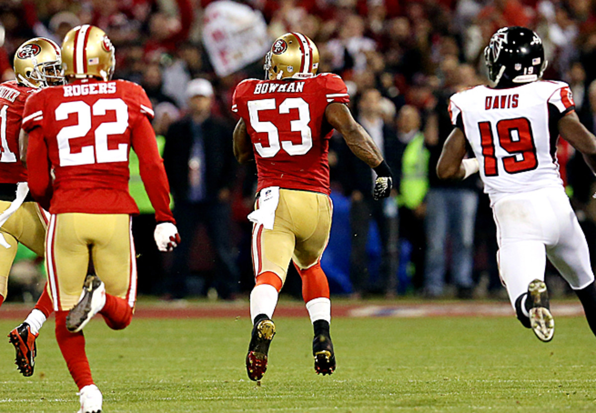 NaVorro Bowman intercepted Matt Ryan in the 49ers' final game at Candlestick Park, securing the 49ers playoff spot.