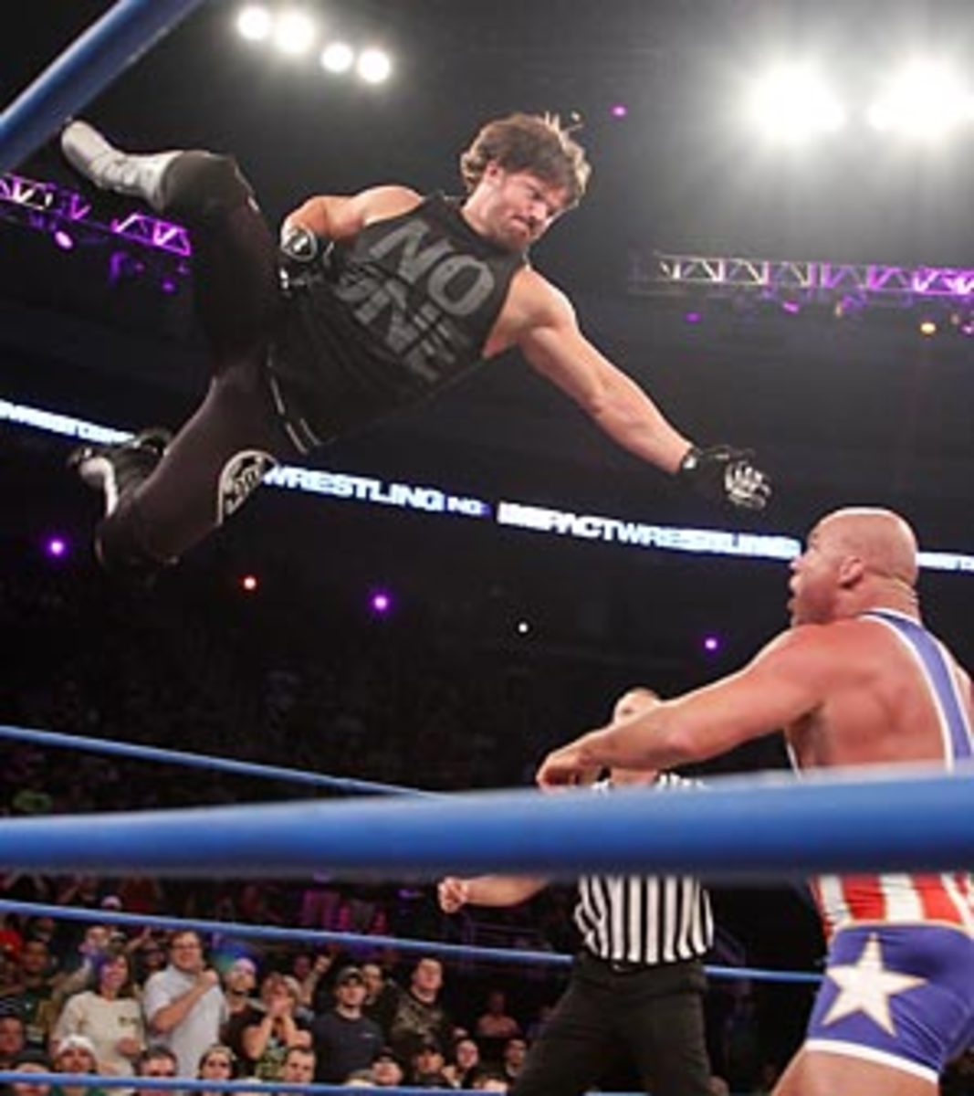 TNA World Champion A. J. Styles is known for his acrobatic performances; here with Kurt Angle.