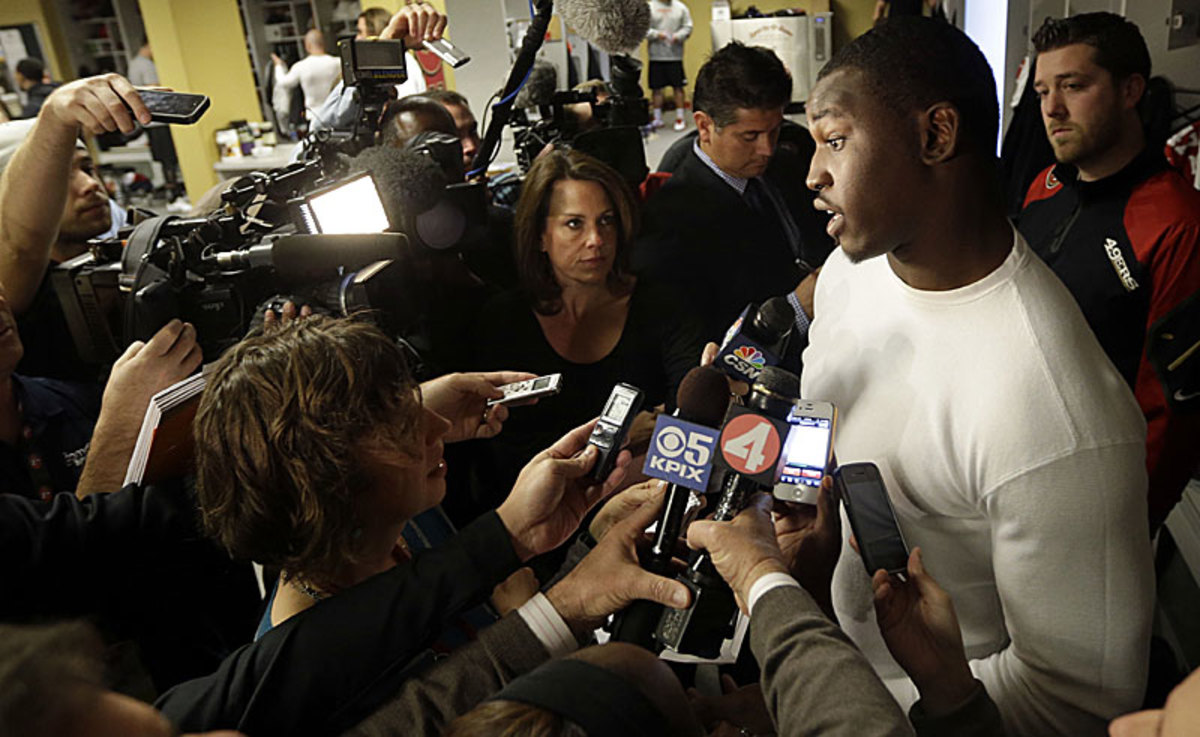 Aldon Smith's return was the subject of intense scrutiny, but Smith's on-field impact in his first game back was minimal. (Marcio Jose Sanchez/AP)