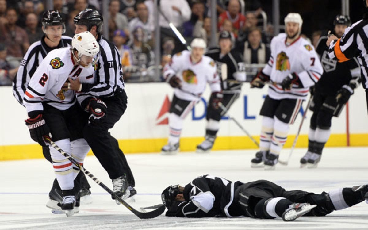 Duncan Keith high-sticked Jeff Carter in the face Tuesday. (Harry How/Getty Images Sport)