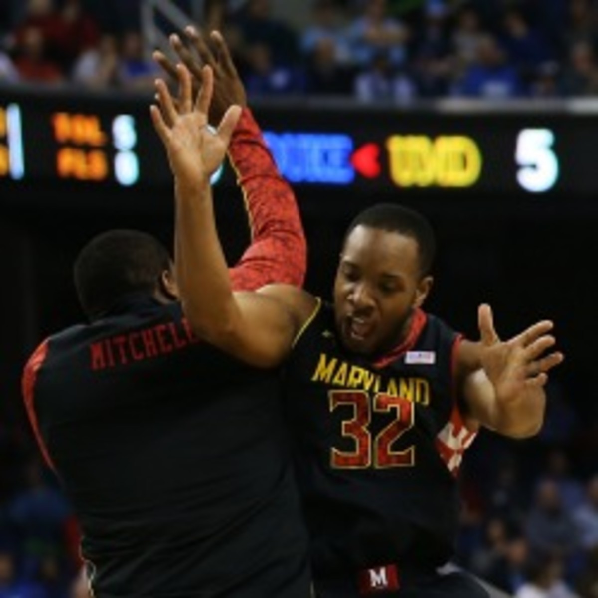 Charles Mitchell #0 and Dez Wells #32 of the Maryland Terrapins get ready to play against the Duke Blue Devils. (Photo by Streeter Lecka/Getty Images)