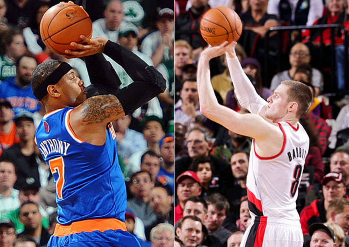 Carmelo Anthony (left) earned a first-place vote for MVP, while Luke Babbitt received a first-pace vote for the Sixth Man Award. (Sam Forencich, Brian Babineau/NBAE via Getty Images)