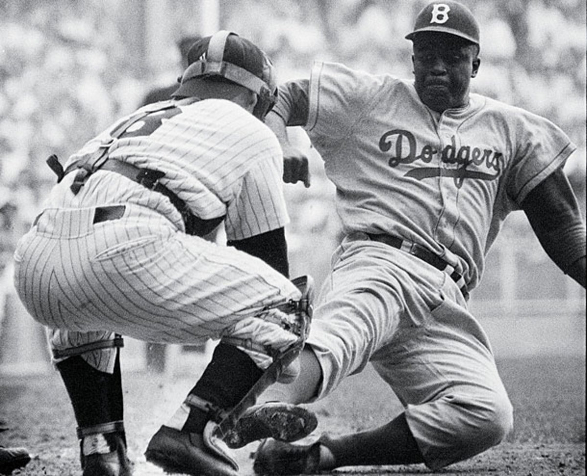 Jackie robinson stealing home Yogi Berra catcher in 1st game 1955 world  series Poster