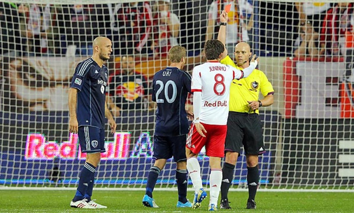Juninho got a red card for kicking a ball at Kansas City goalkeeper Jimmy Nielsen during a break in play.
