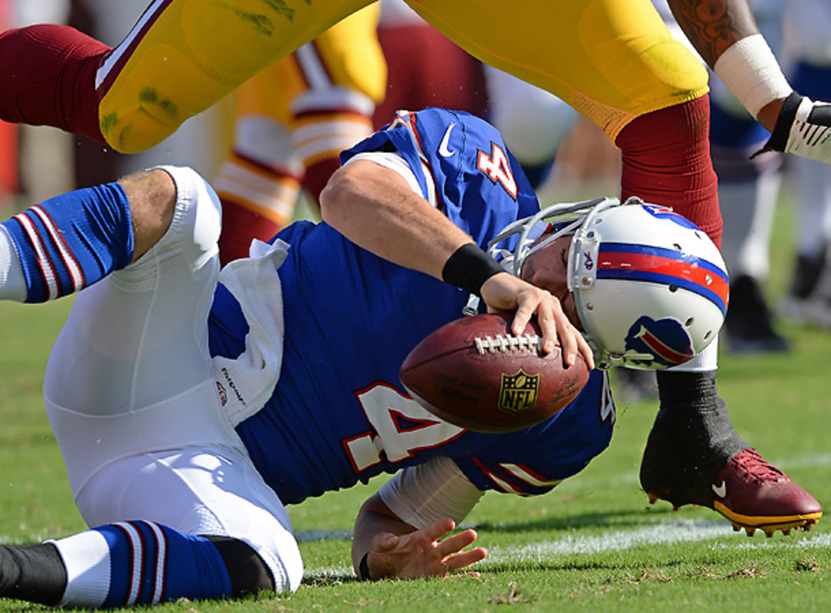 Bills' quarterback Kevin Kolb was knocked out of Saturday's preseason game with a concussion, the second Buffalo QB to get injured the preseason. [Patrick Smith/Getty Images]