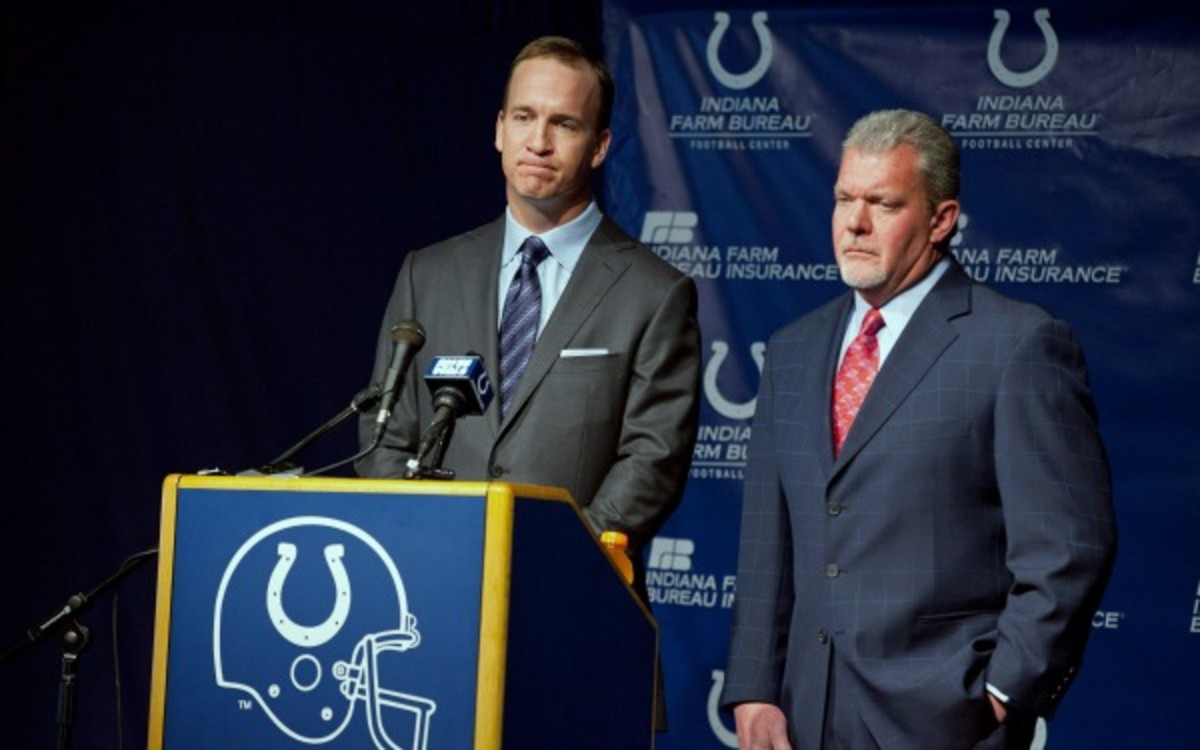 Peyton Manning refused to comment on his relationship with Colts owner Jim Irsay. (Joey Foley/Getty Images)