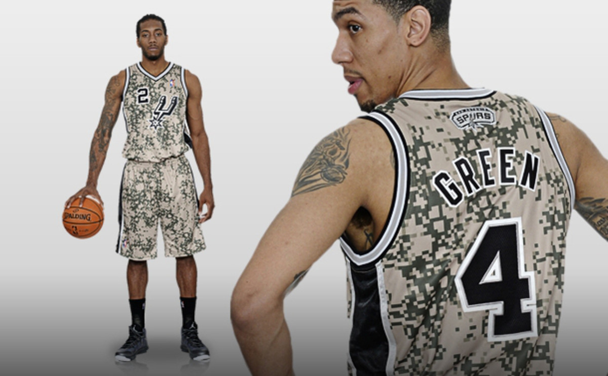 San Antonio will wear these camouflage-inspired uniforms against the Wizards on November 13th. (D. Clarke Evans/NBAE/Getty Images)
