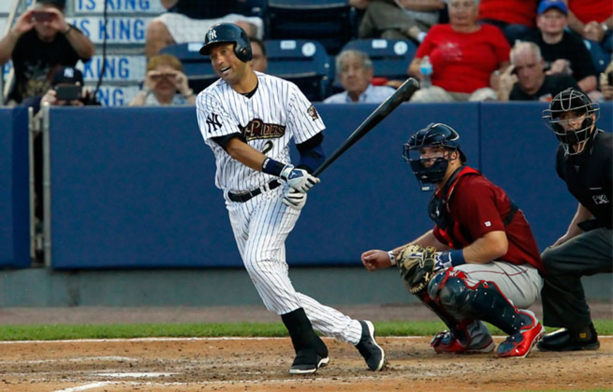 Playing DH, Derek Jeter got his first hit Sunday since beginning rehab in the minors.