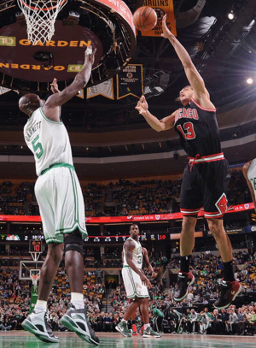 Joakim Noah accused Kevin Garnett of "cheap shots" after a Friday Bulls victory. (Brian Babineau/Getty Images)
