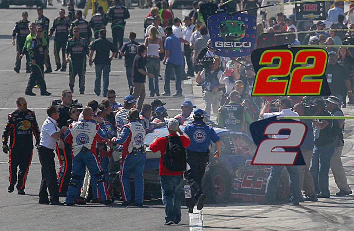 Joey Logano and Tony Stewart drew a crowd as they exchanged post-race pleasantries at Fontana.