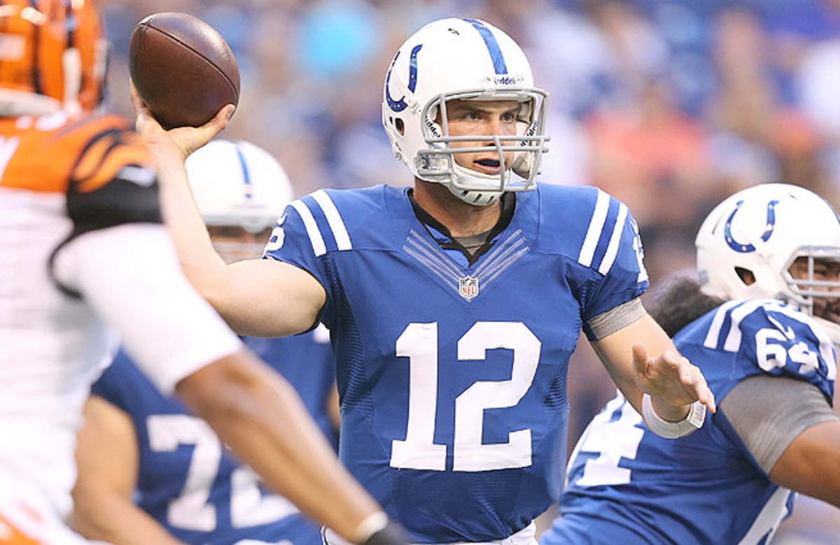 The No. 3 seed in the AFC could be at stake when Andrew Luck (top) and the Colts play the Bengals.