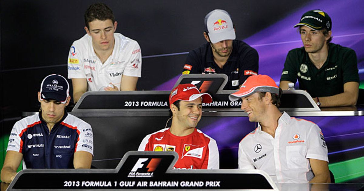 F1 drivers including Felipe Massa (center) and Jeremy Button (right) met the media in Bahrain April 18.