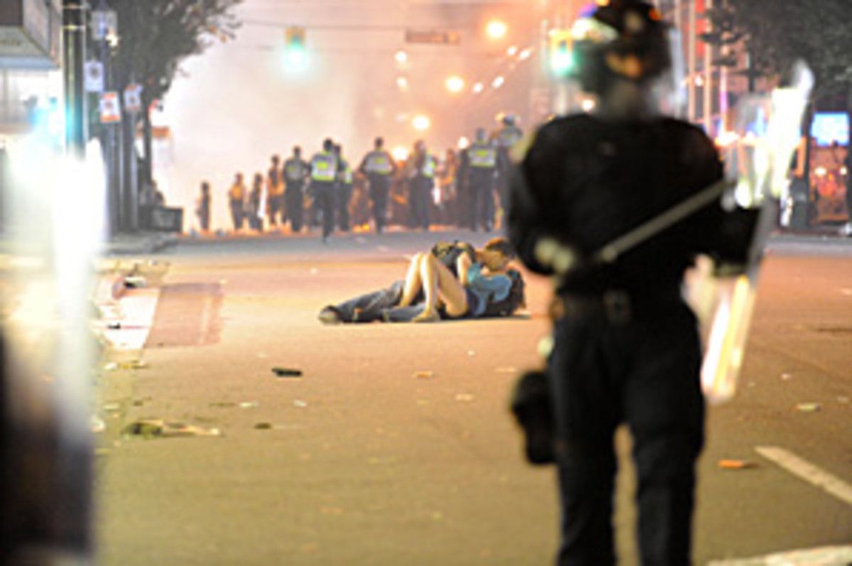 One of the warmer moments of the Vancouver riot was a couple kissing in the street.