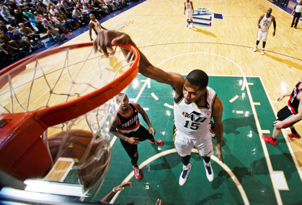 Derrick Favors averaged 9.4 points and 7.1 rebounds for the Jazz last season. (Melissa Majchrzak/Getty Images)