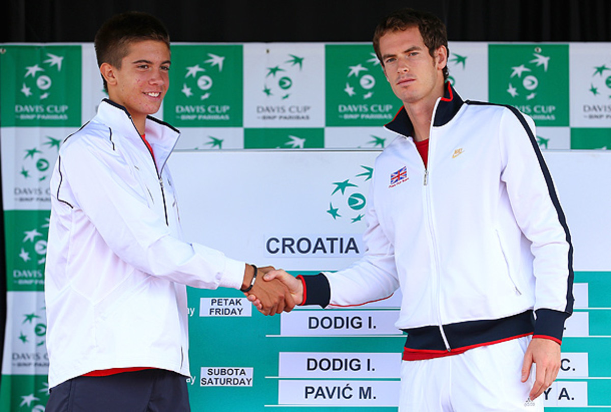 Borna Coric and Andy Murray shake hands ahead of the Davis Cup tie between Croatia and Great Britain. (Julian Finney/Getty Images)