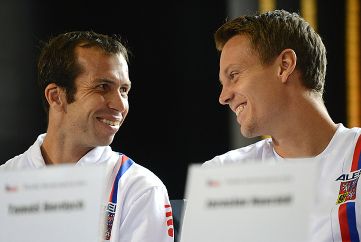 Czech Republic's Radek Stepanek and Tomas Berdych attend the drawing of the Davis Cup semifinal against Argentina. (MICHAL CIZEK/AFP/Getty Images)