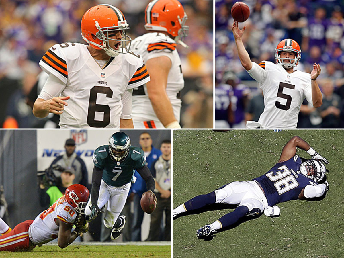 The Browns got an encouraging performance out of Brian Hoyer (top left), along with some trickeration in the form of a Spencer Lanning TD pass on a fake field goal (top right). On Thursday, Justin Houston added 4.5 sacks to up his league-leading total to 7.5 (bottom left), while Marcus Gilchrist Sunday dropped an interception on the TItans' final drive that allowed them to continue down the field for the eventual game-winning touchdown.
