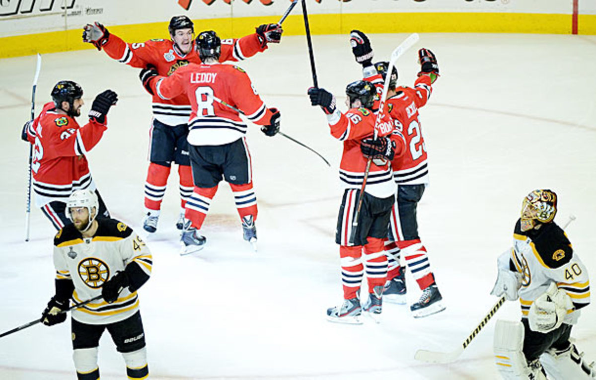 The Blackhawks celebrate their win in Game 1 of the Stanley Cup Final