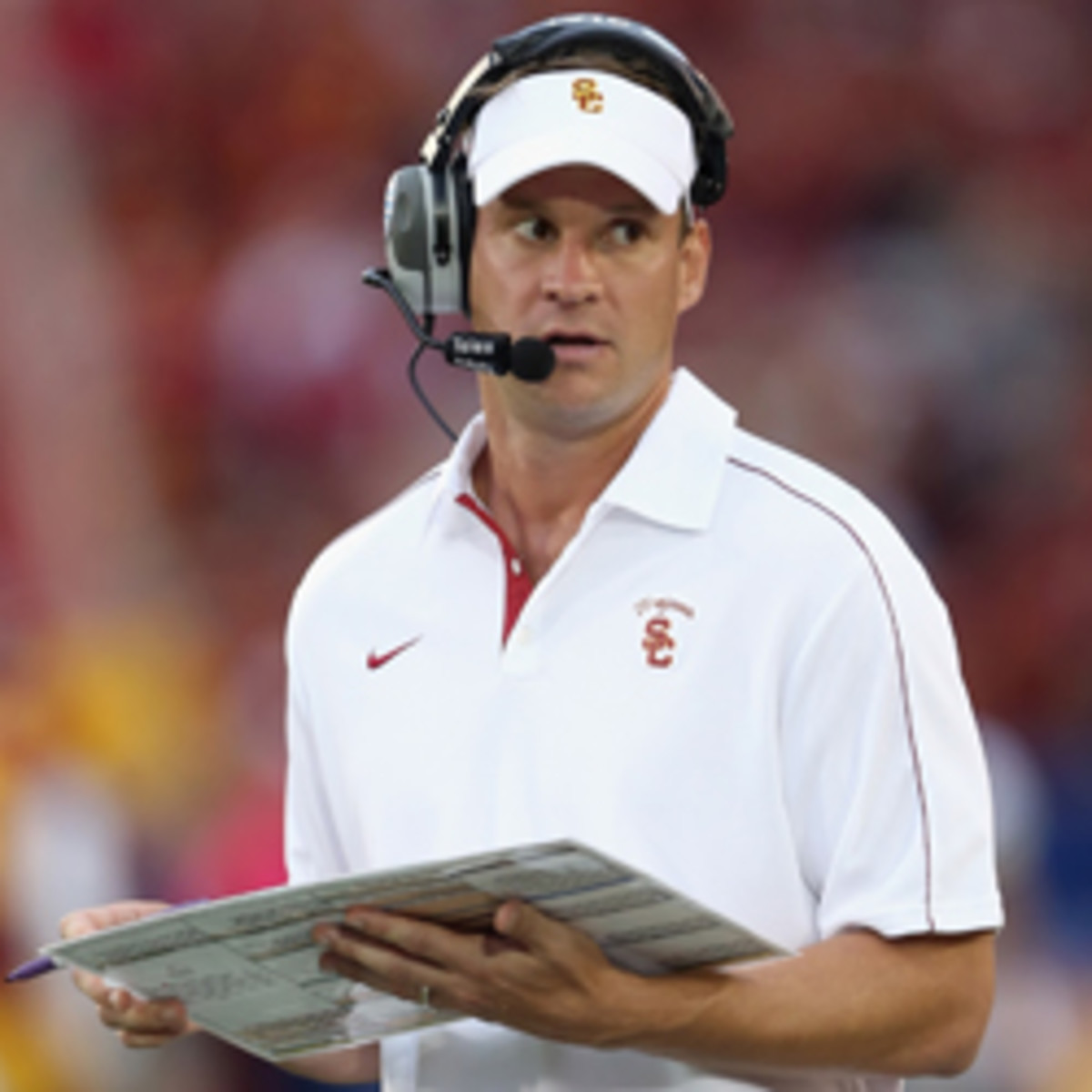 USC athletic director Pat Haden says coach Lane Kiffin's job is safe for now. (Jeff Gross/Getty Images)
