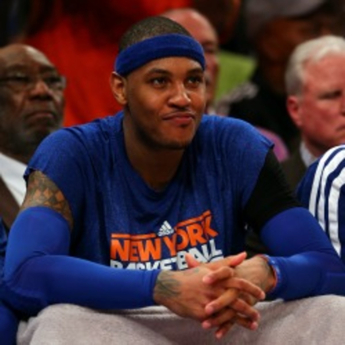 Carmelo Anthony received one first-place vote for MVP, spoiling LeBron James' shot at a unanimous selection. (Elsa/Getty Images)