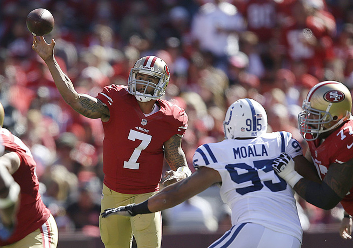 Colin Kaepernick (7) was handcuffed for 170 total yards by an opportunistic Indianapolis defense.