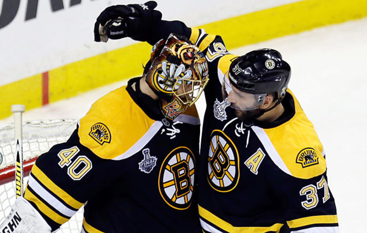 Tuukka Rask (left) made 28 saves and Patrice Bergeron scored one of Boston's two goals. 