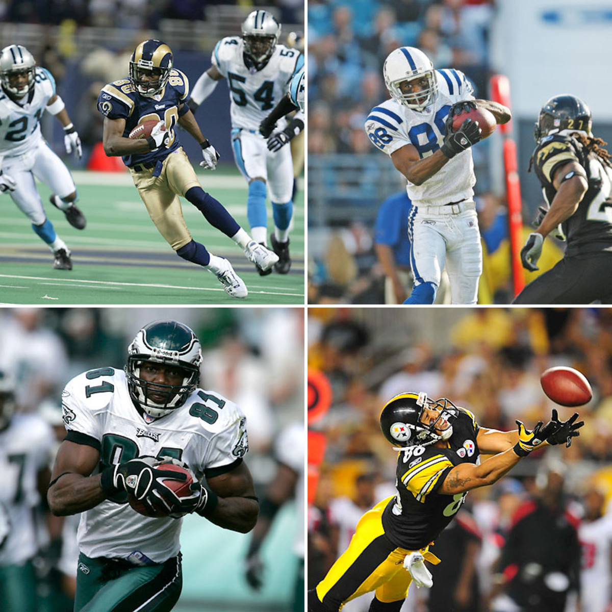 Isaac Bruce, Marvin Harrison, Terrell Owens and Hines Ward—the other four retired receivers to join Tim Brown and Cris Carter with 1,000 receptions—are only going to make the receiver logjam worse in future years. (Peter Read Miller/SI :: Bill Frakes/SI :: Heinz Kluetmeier/SI :: John Biever/SI)