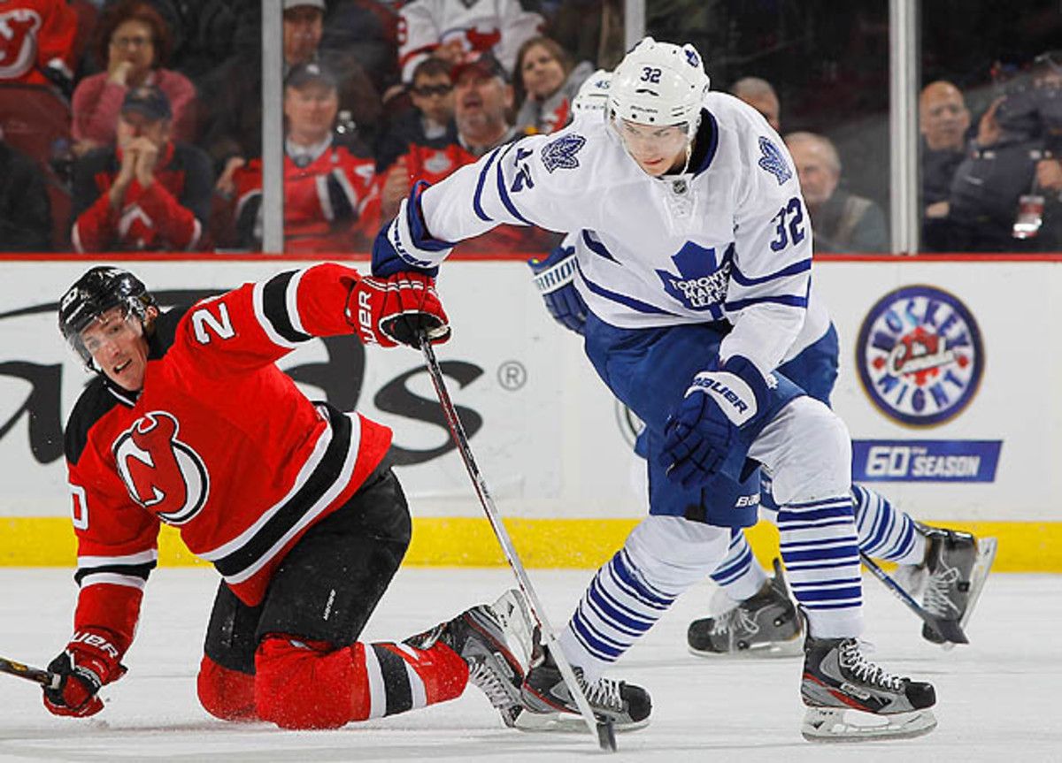 The 23-year-old Colborne (right) had a goal and five assists in 16 career games for the Maple Leafs.