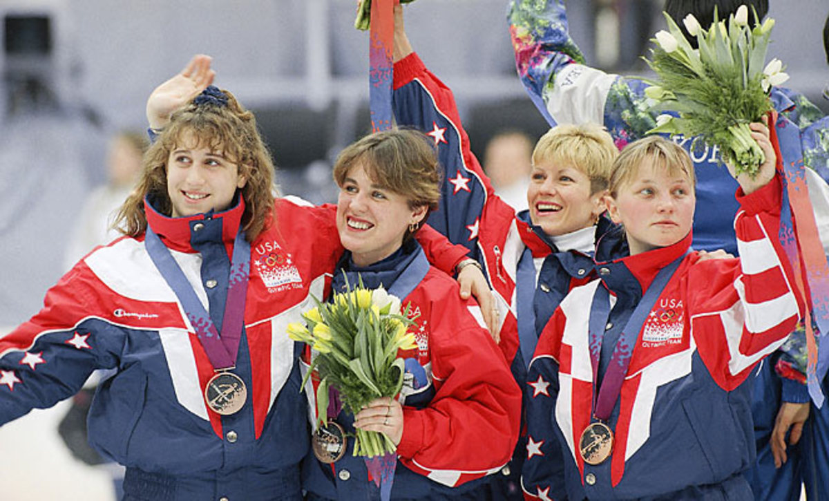 Nikki Meyer, far right in this 1994 photo, is the latest former speedskater to accuse Andy Gabel of rape.
